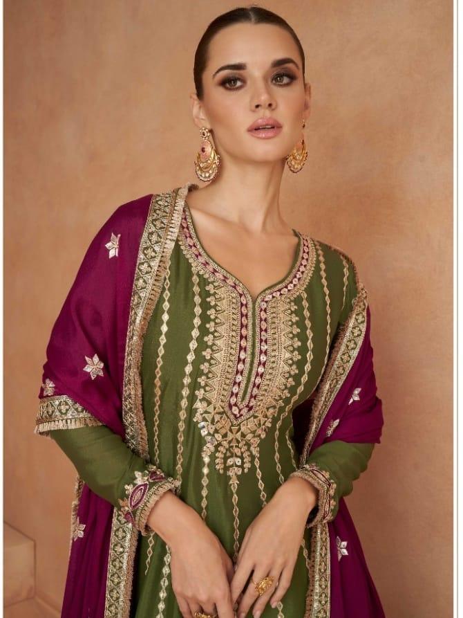 Green silk Embroidered and sequined pant style suit with dupatta Cheap Newest