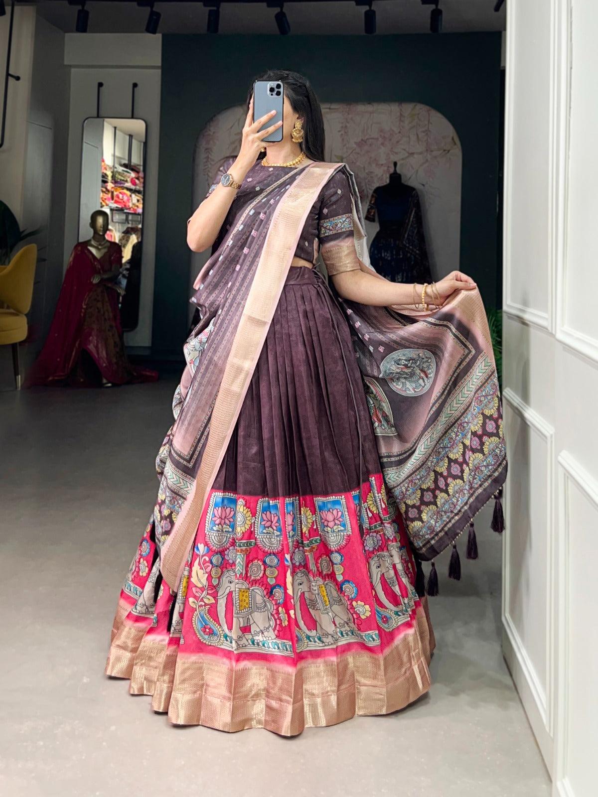 Kalamkari Printed Dola Silk Festival Wear Lehenga Choli Sale Geniue Stockist