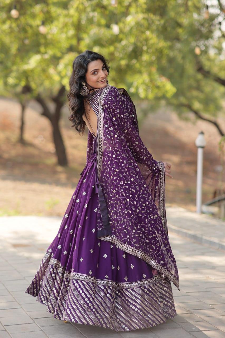 Spectacular Purple Faux Georgette Sequins Thread Embroidered Lehenga Set Best Sale Cheap Pice