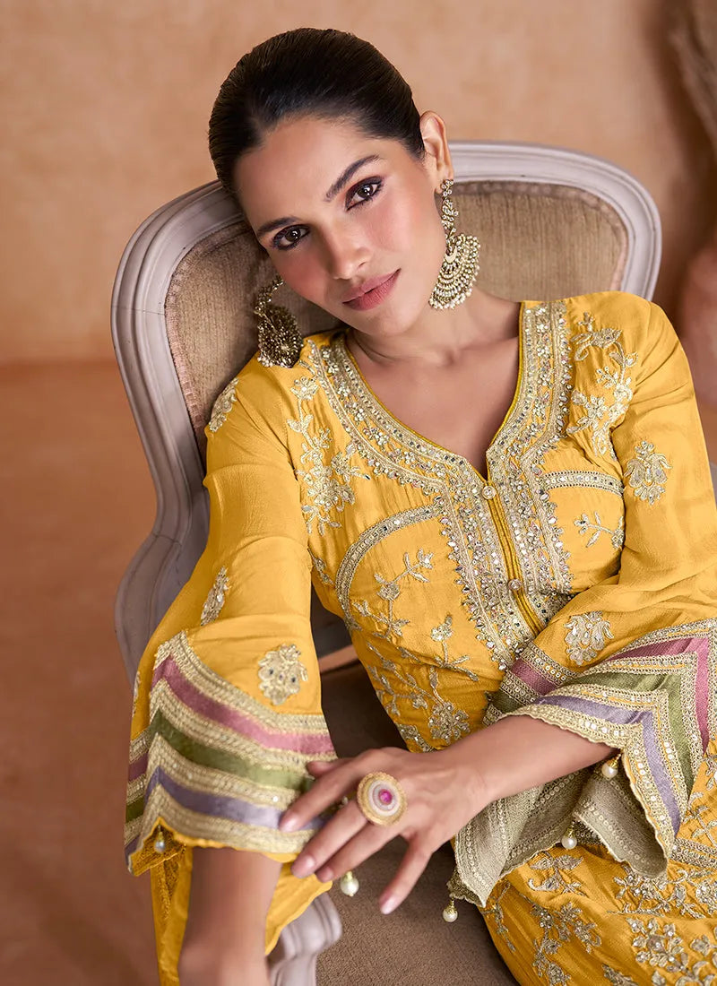 Yellow Pure Chinon Embroidered Traditional Top Pant Suit Pay With Visa