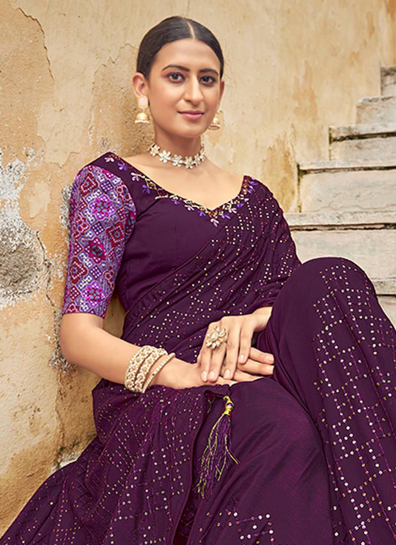 Embroidered Chinon Wine Saree Low Cost For Sale