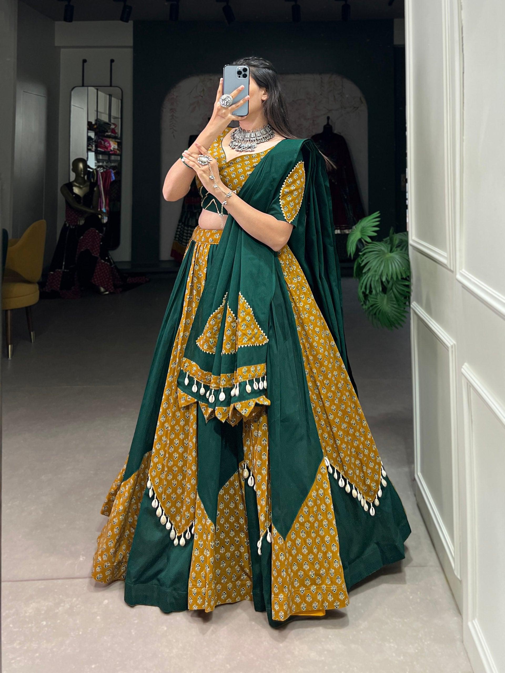 Mustard & Green Colored Pure Cotton Navratri Wear Lehenga Set Sale Manchester Great Sale