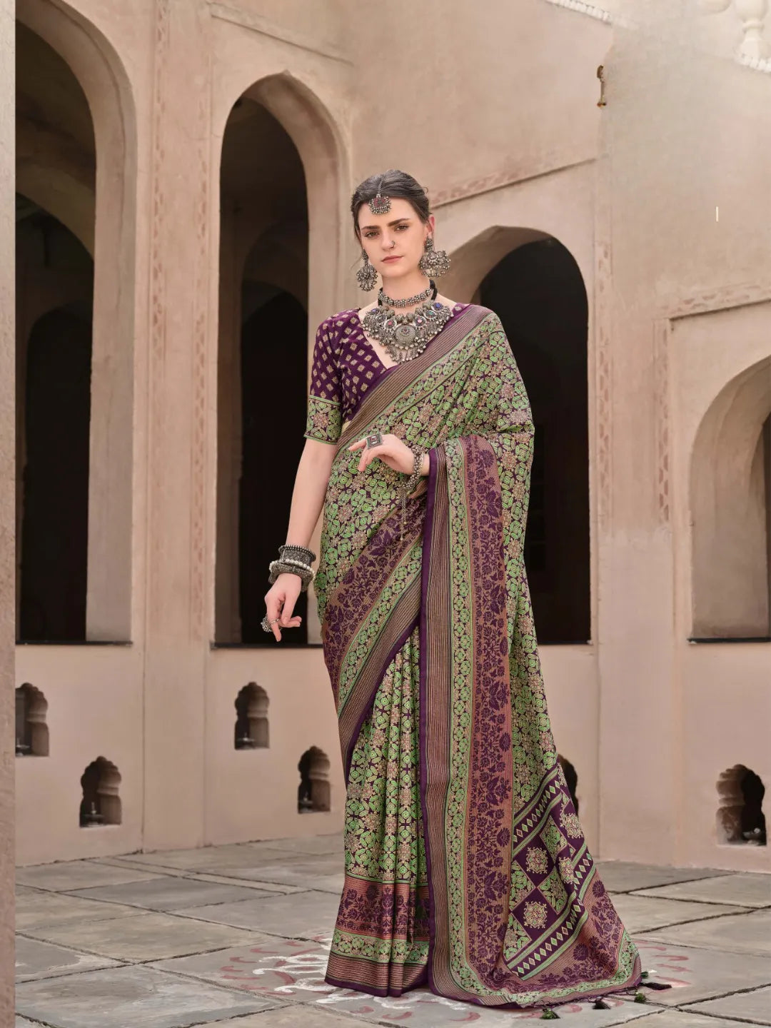 Stunning Olive-Wine Ajrakh Printed Sigma Silk Traditional Saree Browse For Sale