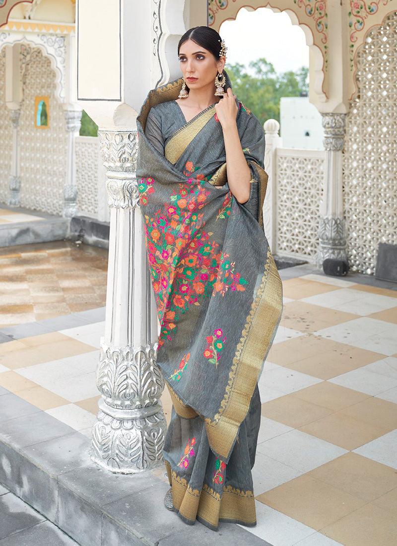 Engrossing Look Grey Color Linen Material Silk Weave Embroidered Saree Clearance Pictures