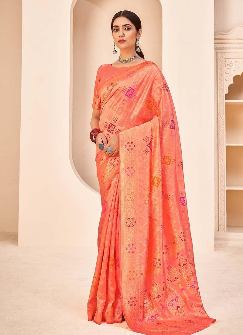 Orange Color Banarasi Silk Base Jewel Neck Blouse Embroidered Saree Perfect Cheap Online