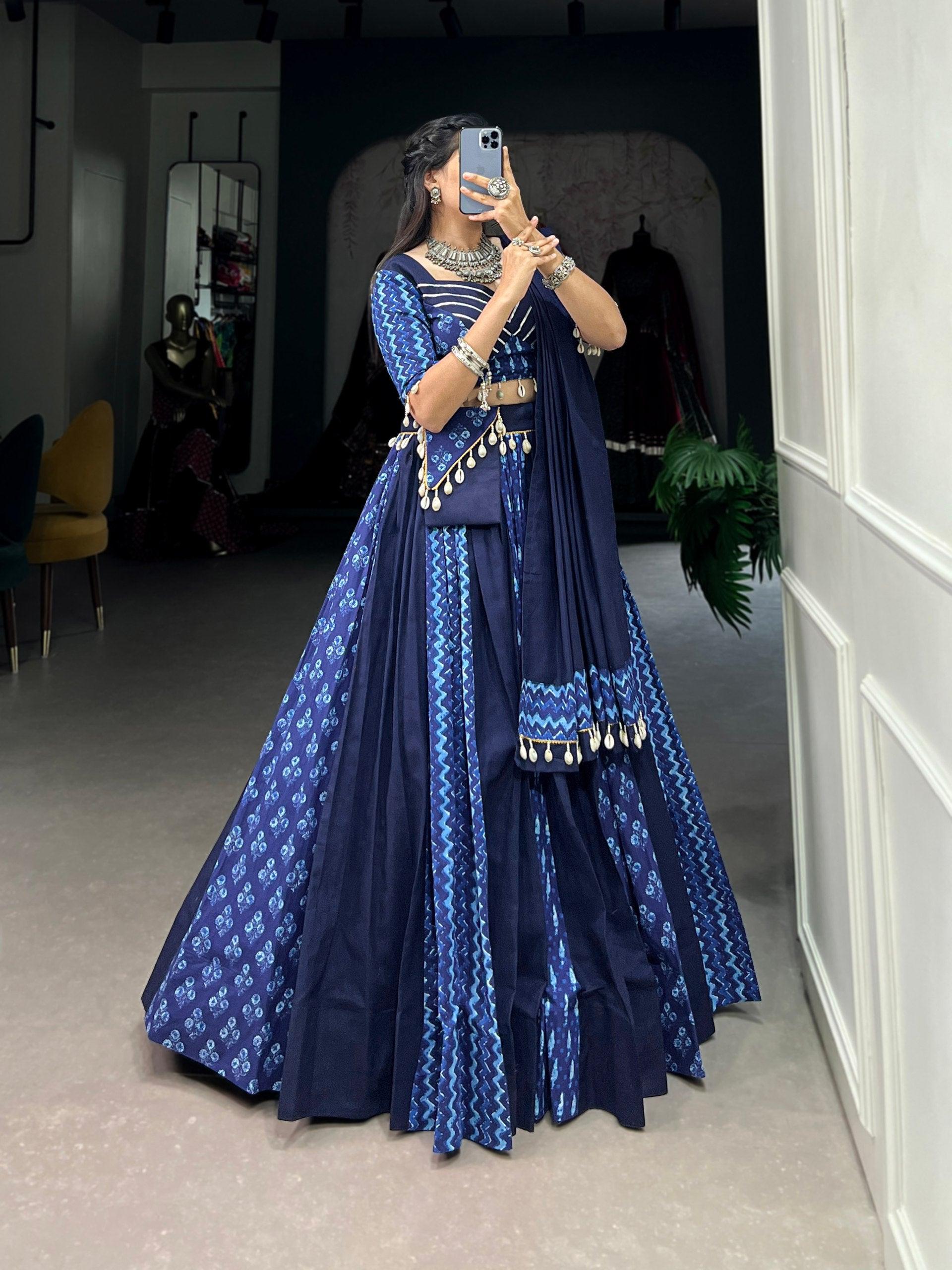 Blue Colored Pure Cotton Printed Navratri Lehenga Choli Set Limited Edition