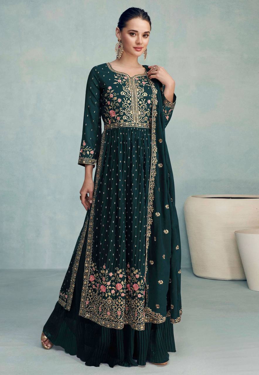 Fabulous Forest Green Faux Georgette Embroidered Palazzo Suit Sale 2025