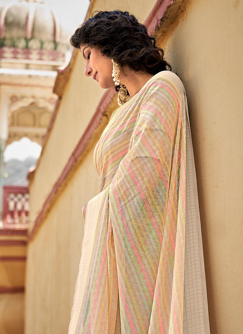 Striped Pattern Georgette Base cream Saree Clearance Store Sale Online