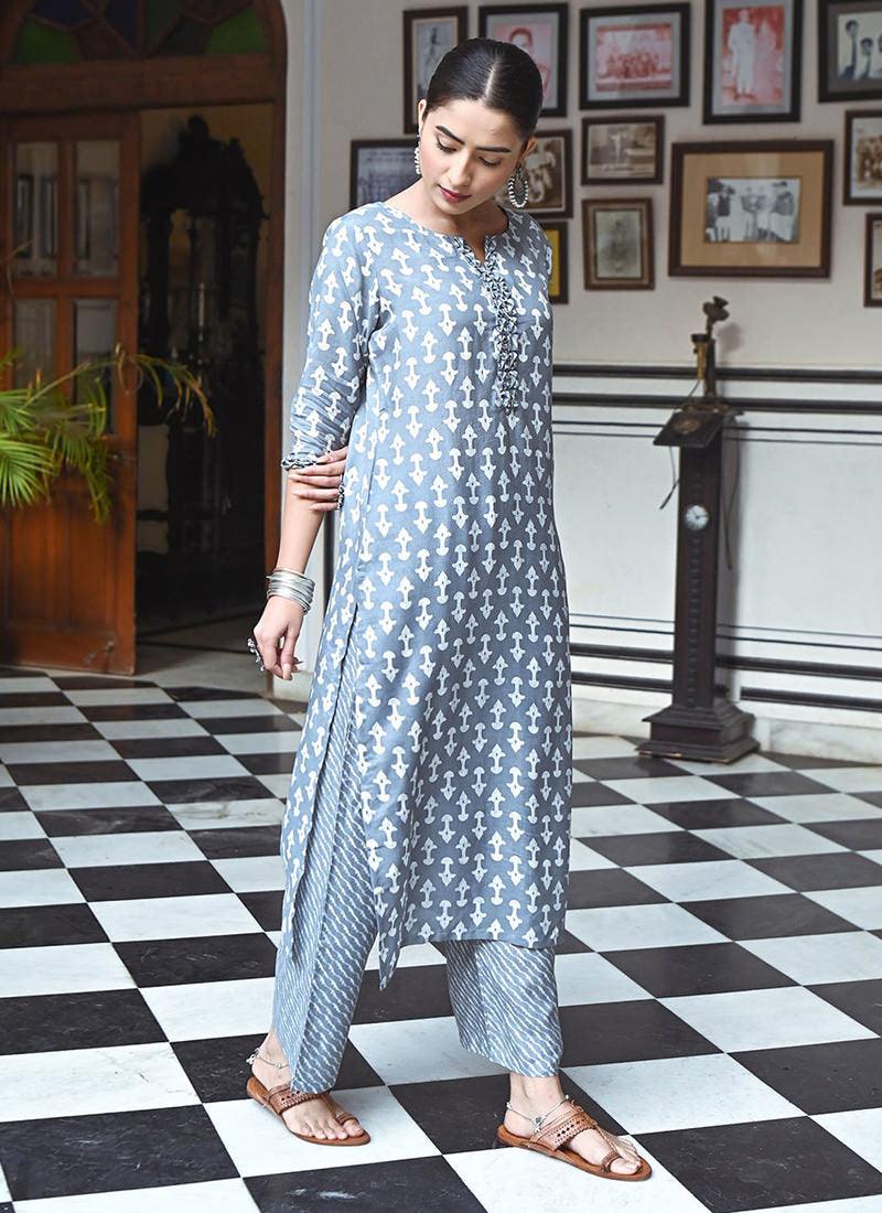 Printed Grey Long Kurti With Palazzo Cheap With Paypal