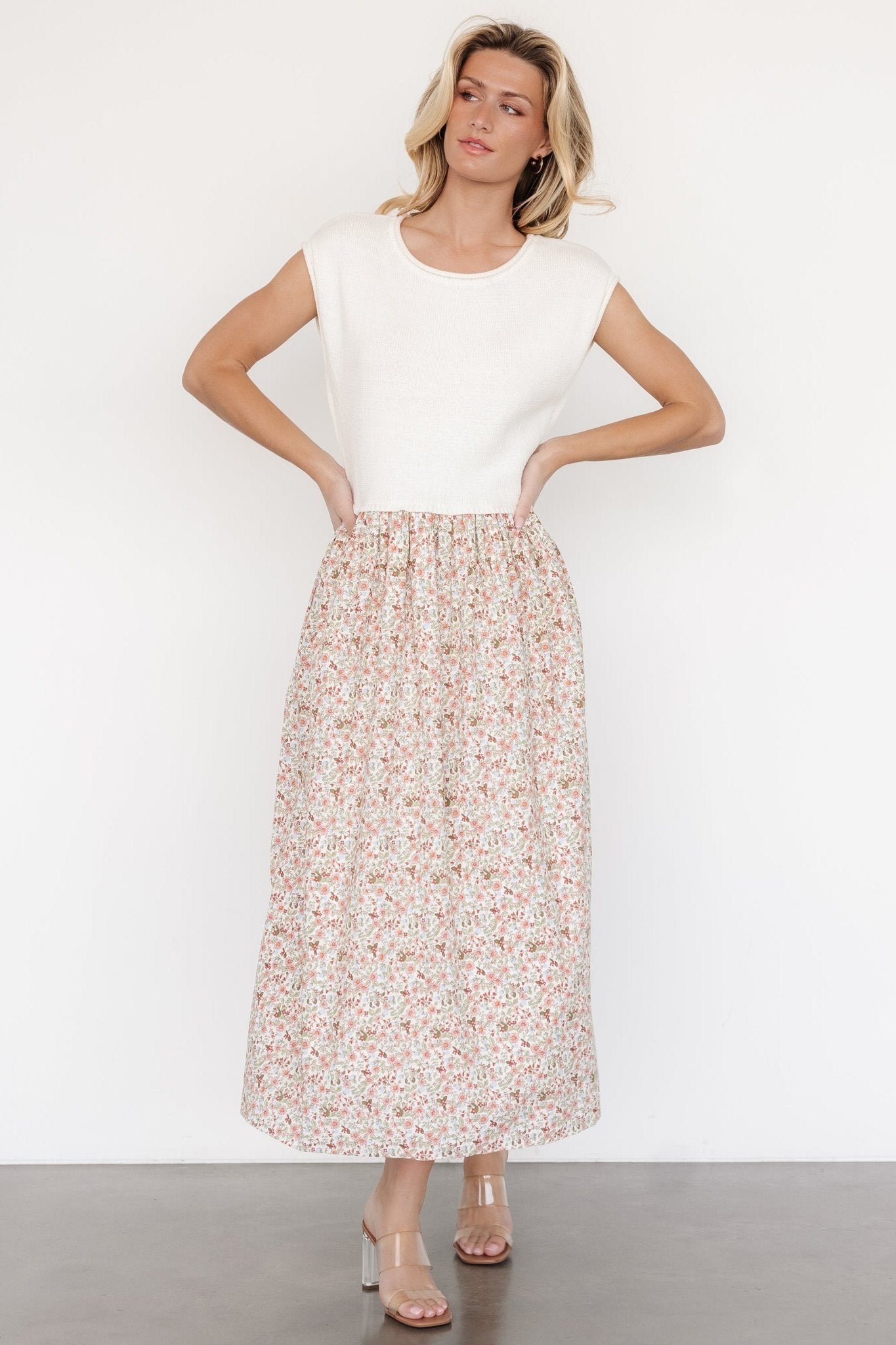 Myra Sweater Dress | Ivory + Coral Floral Excellent