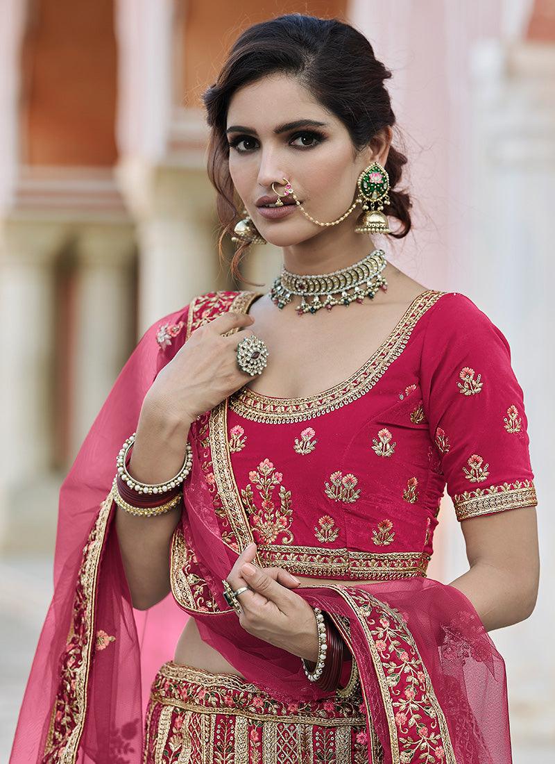 Magnificent Look Resham And Zari Work Pink Color Velvet Base Lehenga Cheap Low Pice Fee Shipping