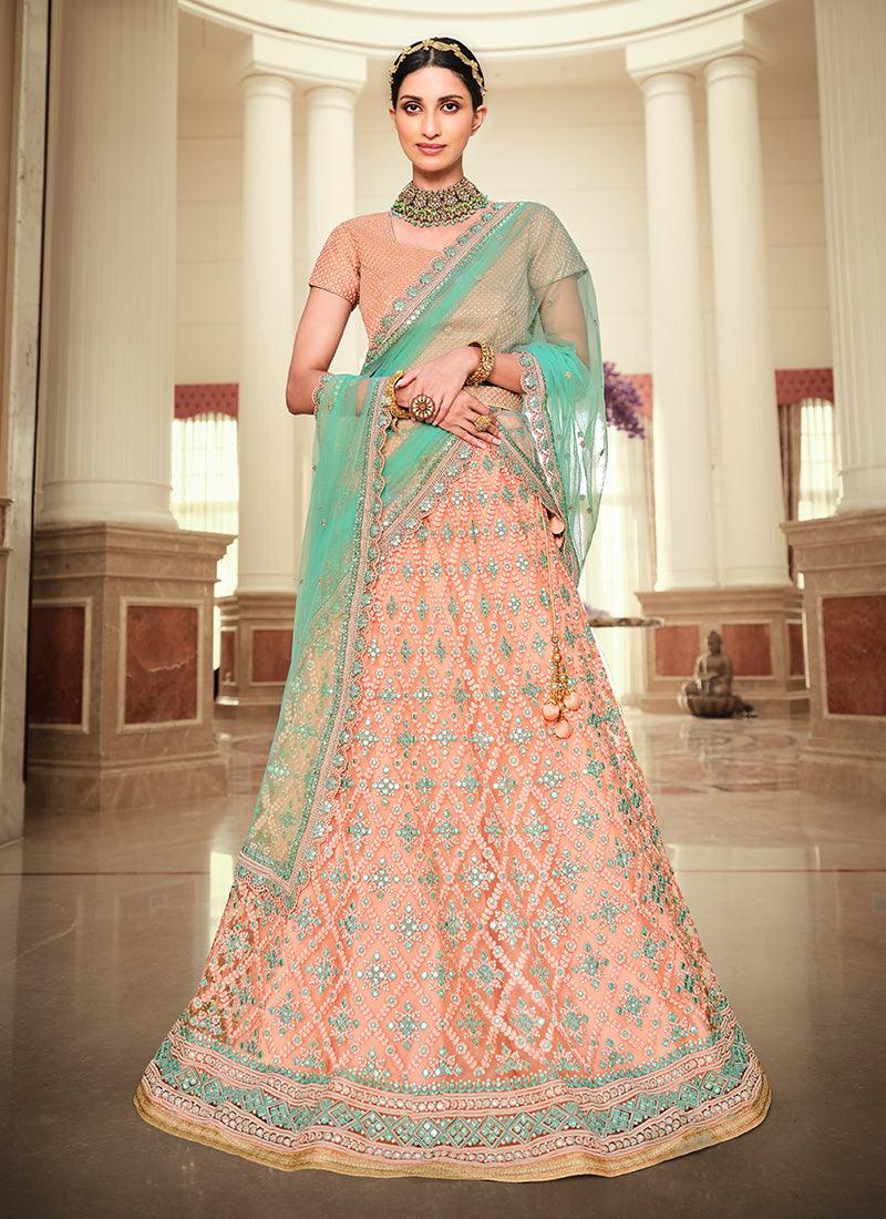 Wedding Wear Peach Color Soft Net Base Resham Work Lehenga Sale 2025