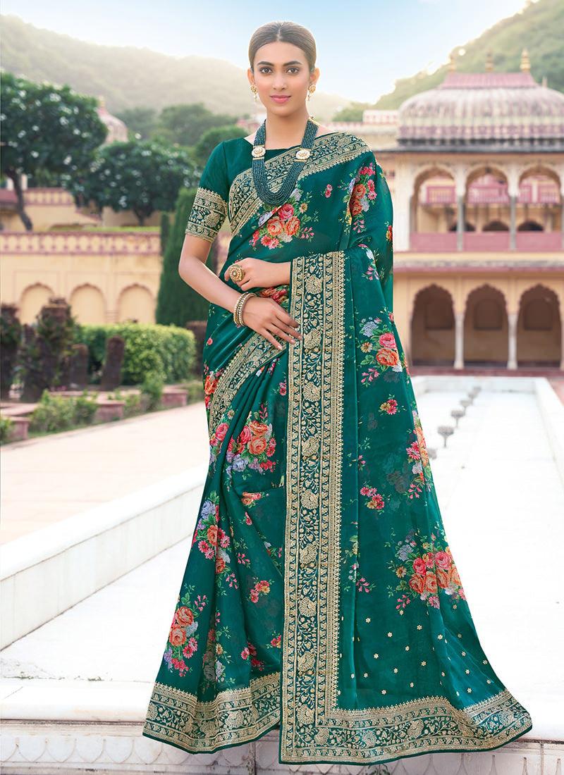 Embroidered Pine Green Organza Floral Saree Cheap Countdown Package