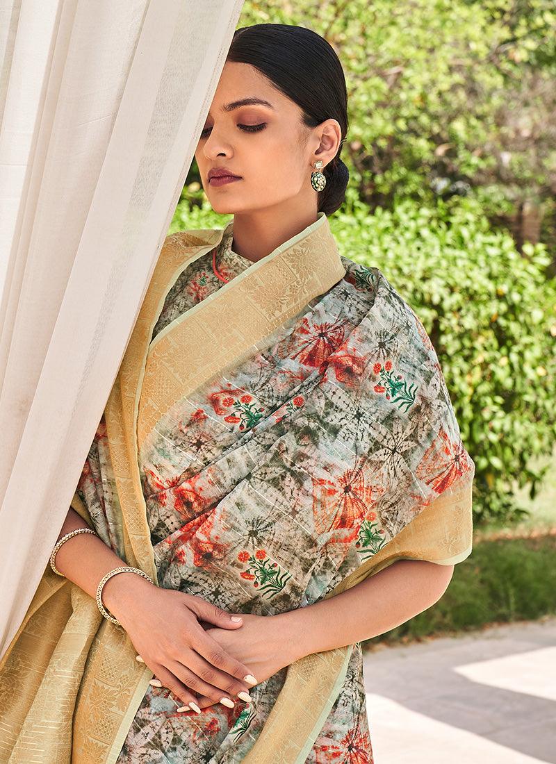 Sea Green Color Elegant Printed Partywear Saree Outlet Online