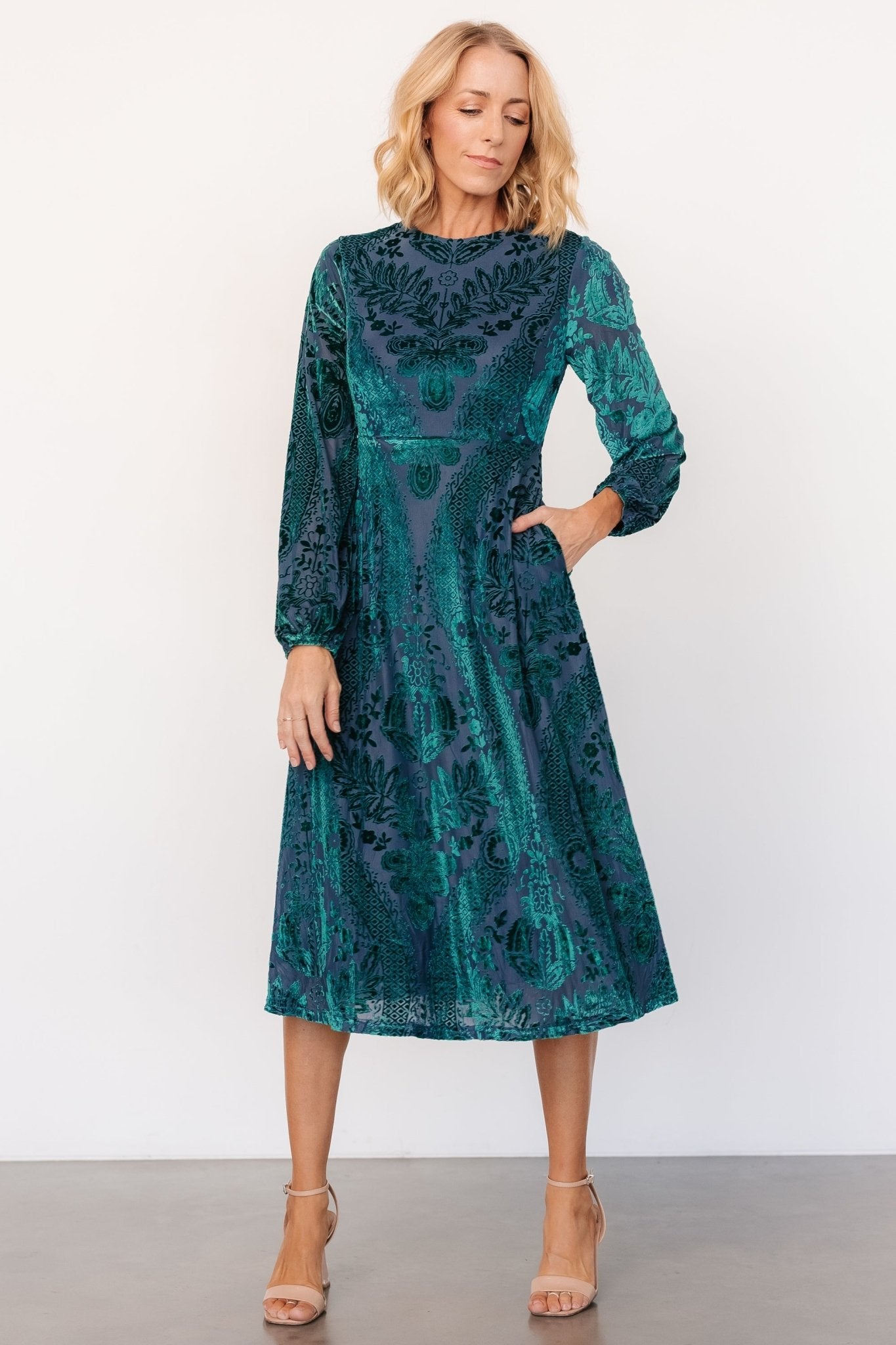 Lorielle Velvet Midi Dress | Emerald Print Clearance For Nice