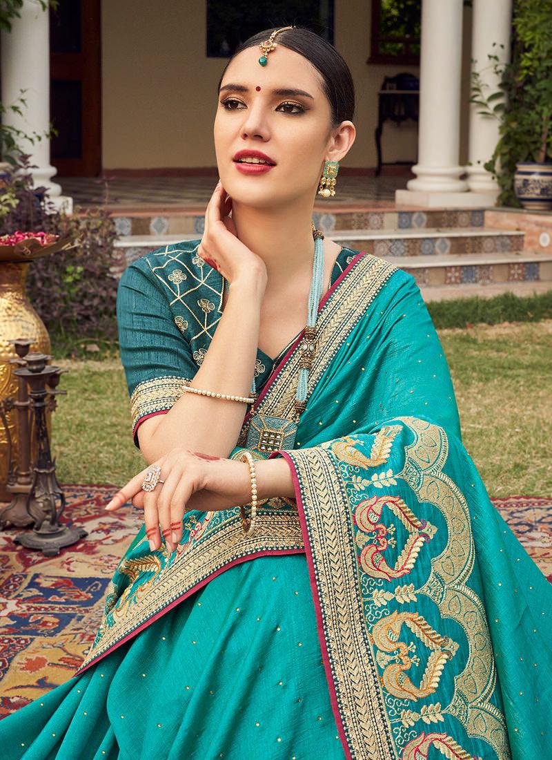 Turquoise Embroidered Traditional Saree Sale Footlocker