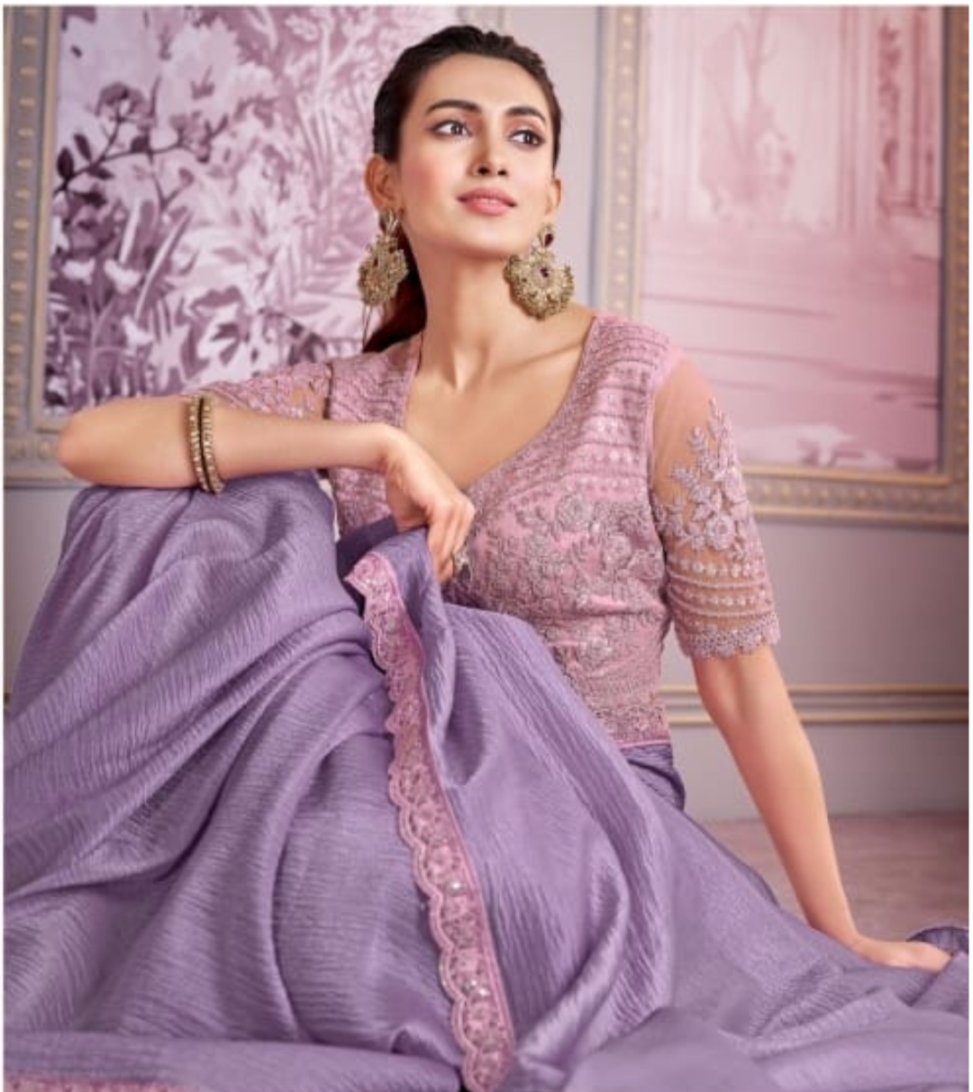 Luxurious Lavender Tissue Crush Embroidered Saree High Quality