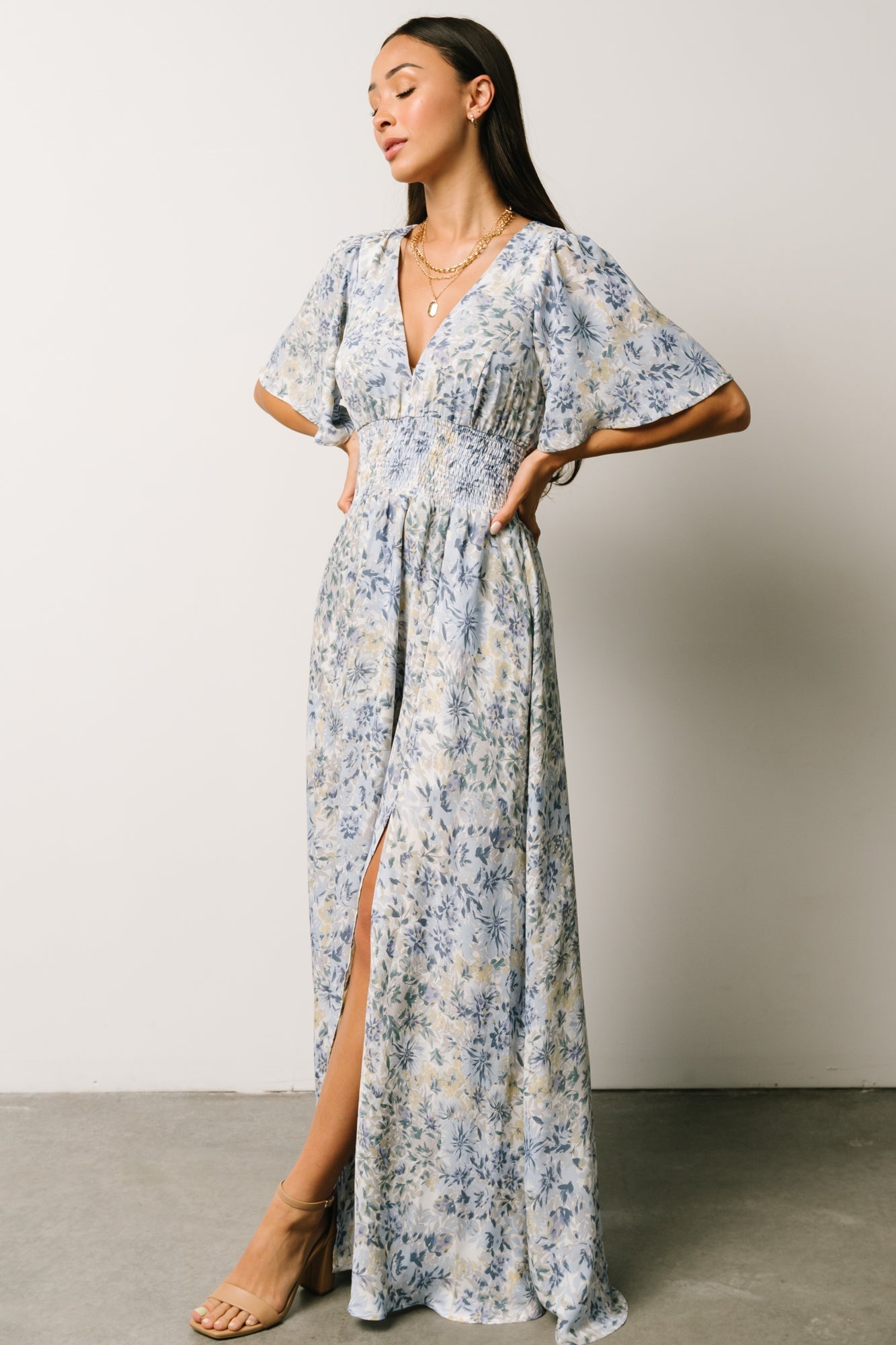 Verona Smocked Maxi Dress | White + Blue Print Latest Cheap Online