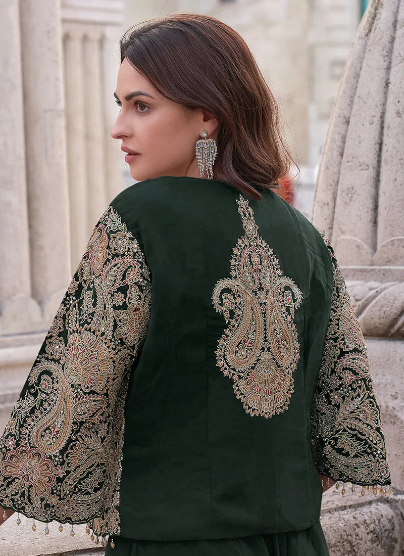 Dark Green Embroidered Jacket Style Designer Palazzo Suit Sale Best Pices