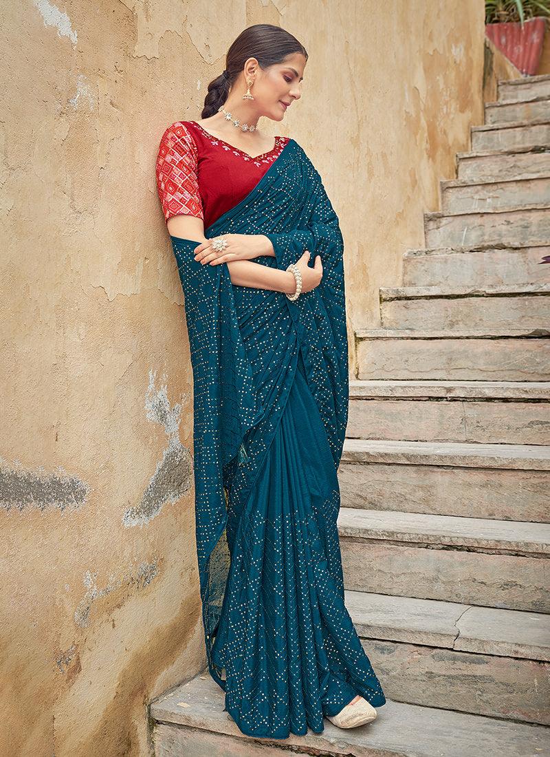 Embroidered Chinon Teal Saree Perfect For Sale