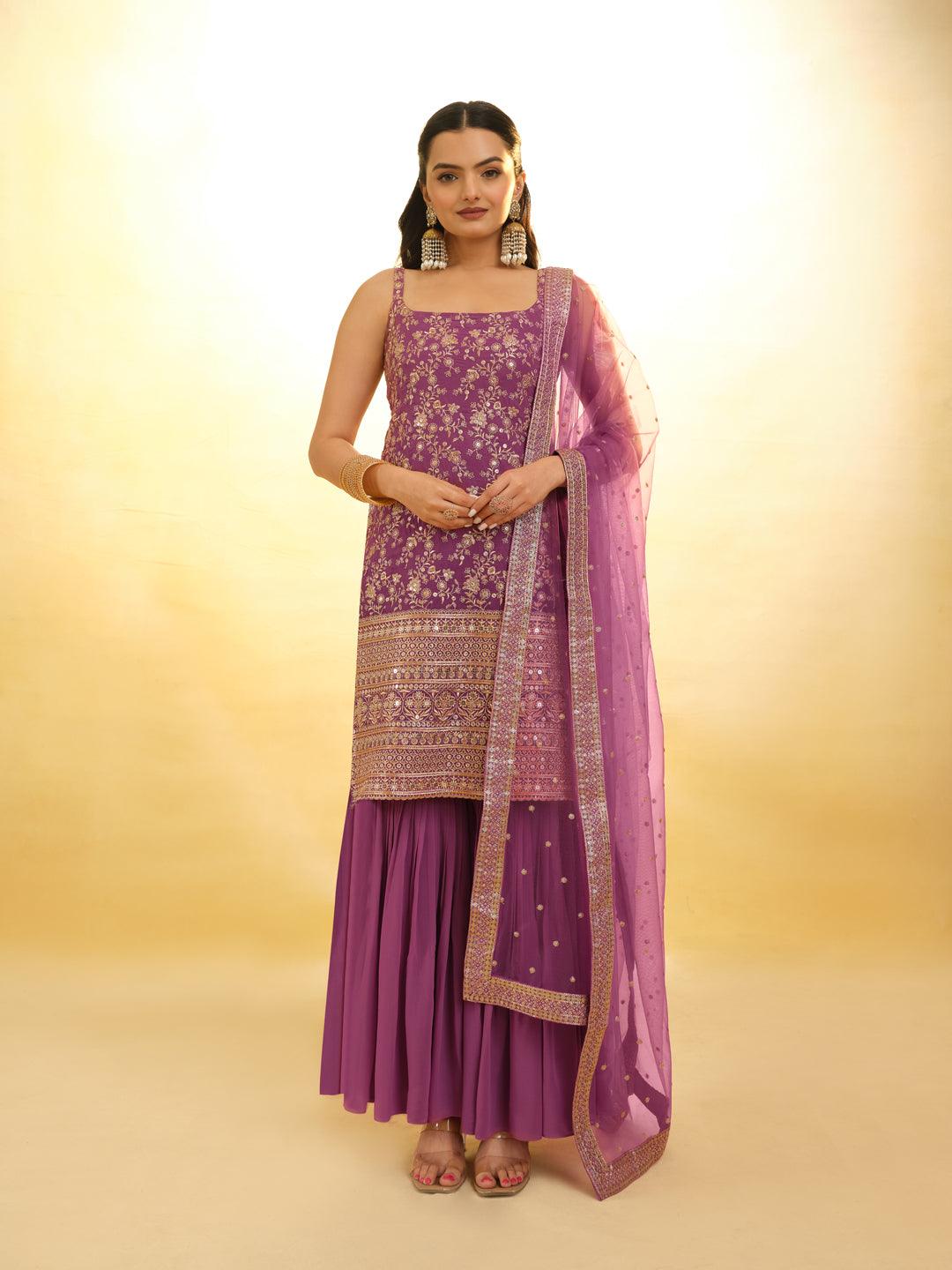 Lilac Embroidered Georgette Sharara Suit with dupatta Cheap Pice Original