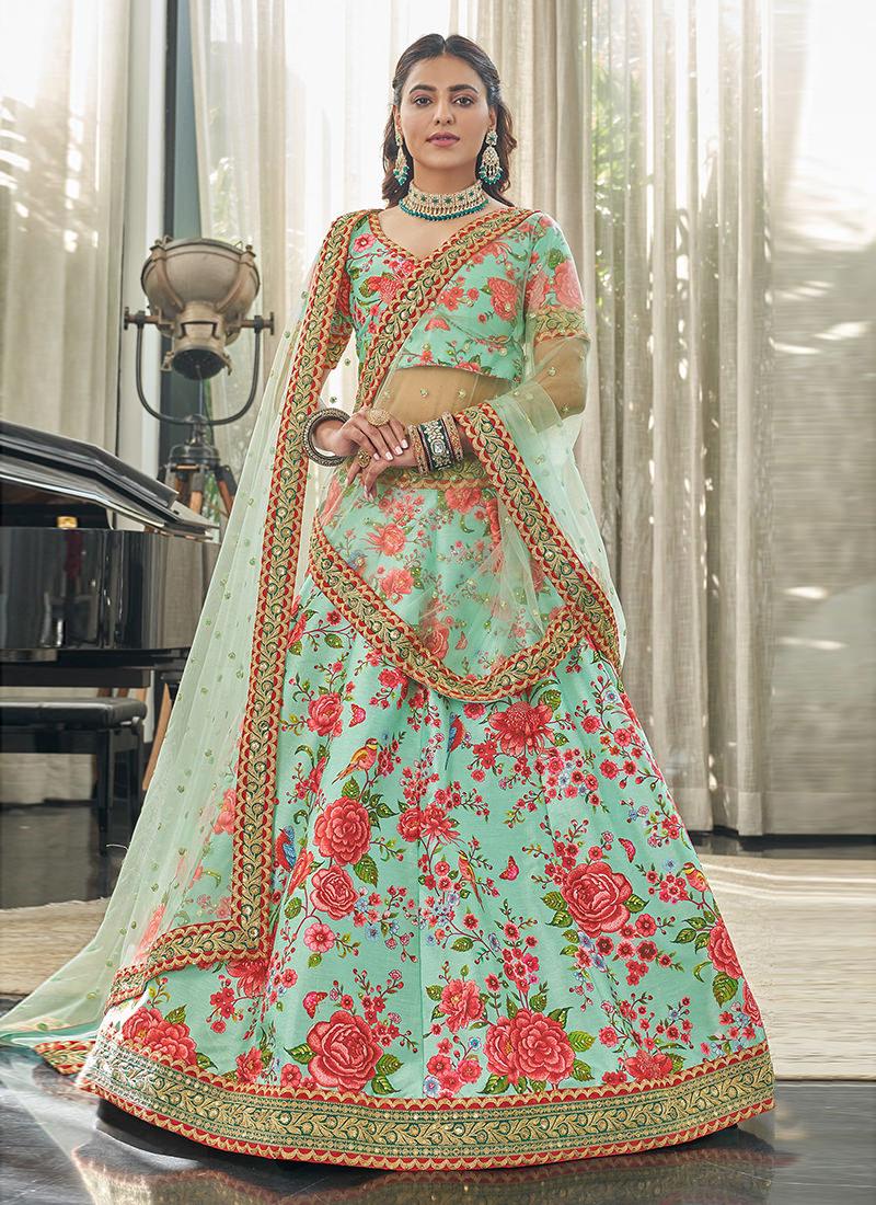 Art Silk Fabric Embroidered Mint Green Floral Lehenga Cheap Sale Collections