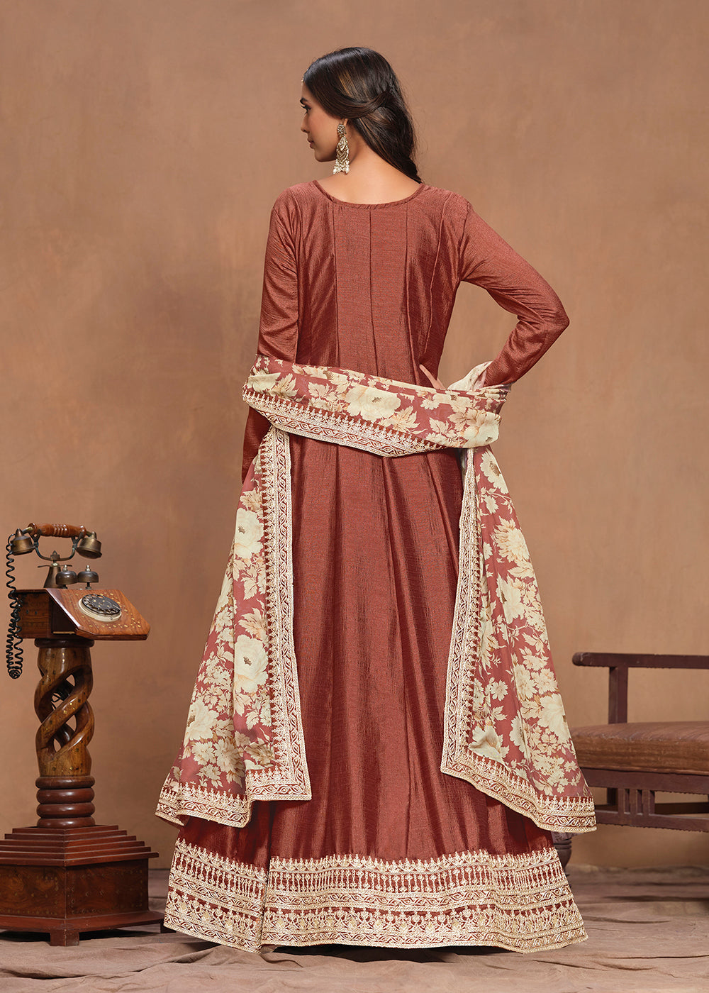 Elegant Art Silk Brown Embroidered Anarkali Gown Sale With Credit Card