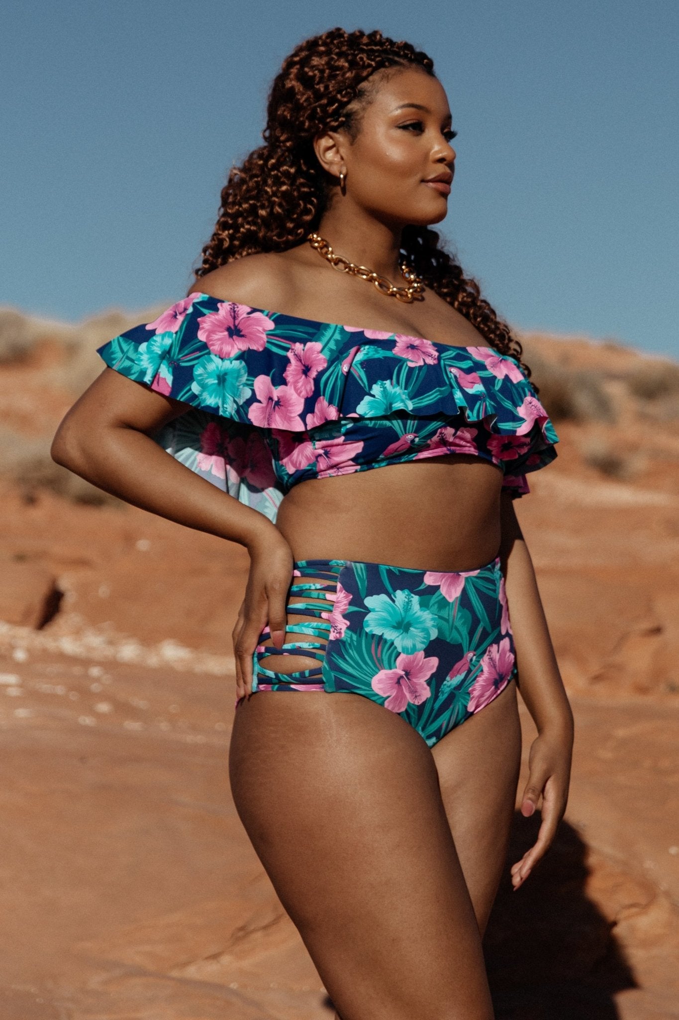 Keke Off Shoulder Bikini Top | Navy Tropical Floral Footlocker Pictures