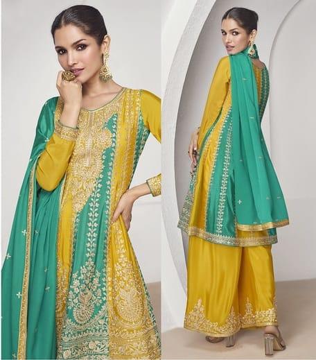 Yellow silk Embroidered and Sequined palazzo suit with dupatta Cheap Sale With Paypal