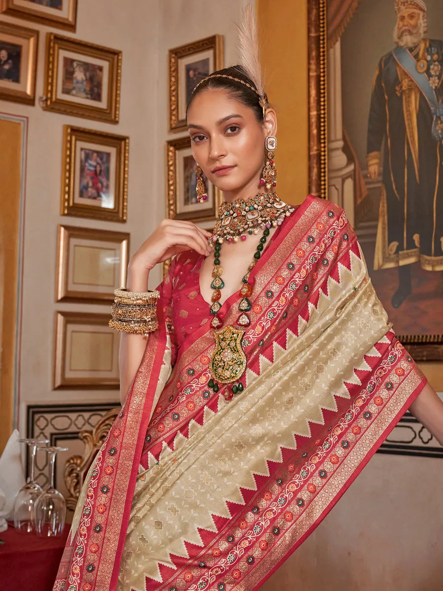 Passionate Off-White Silk Saree with Traditional Patola Design Free Shipping Wiki