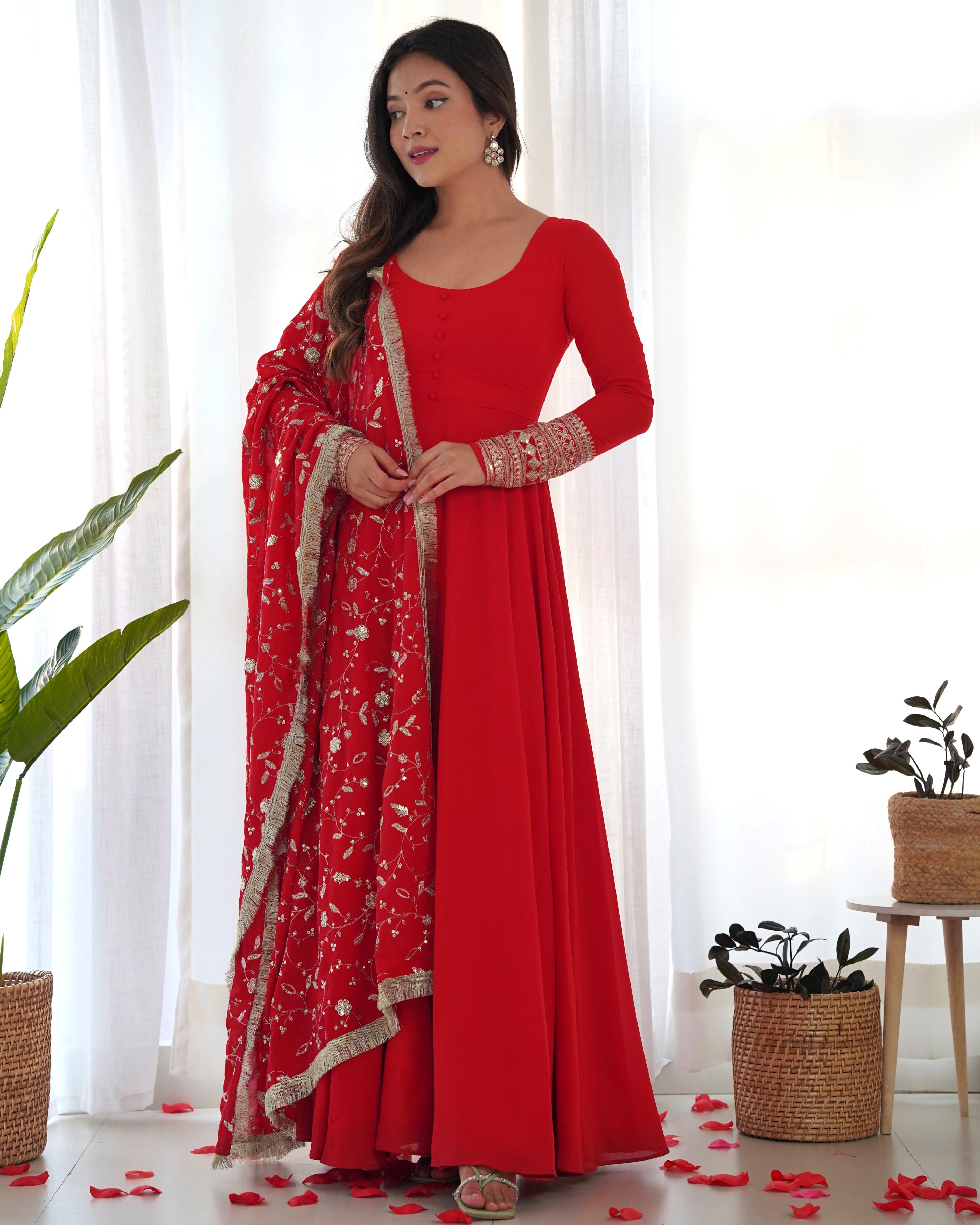 Red Faux Georgette Anarkali Pant Suit With Sequins Embroidered Dupatta Buy Cheap 2025 Unisex