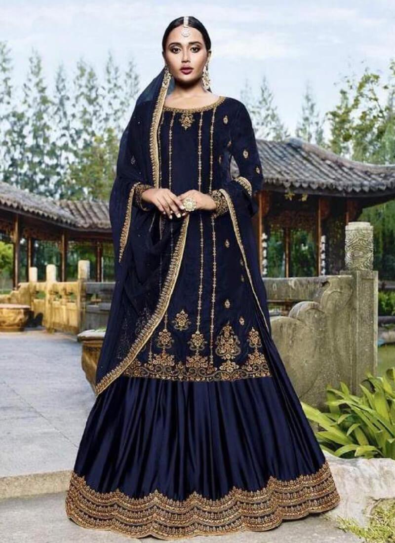 Glamorous Navy Blue Color Velvet Base Embroidered Lehenga Suit Buy Cheap With Credit Card