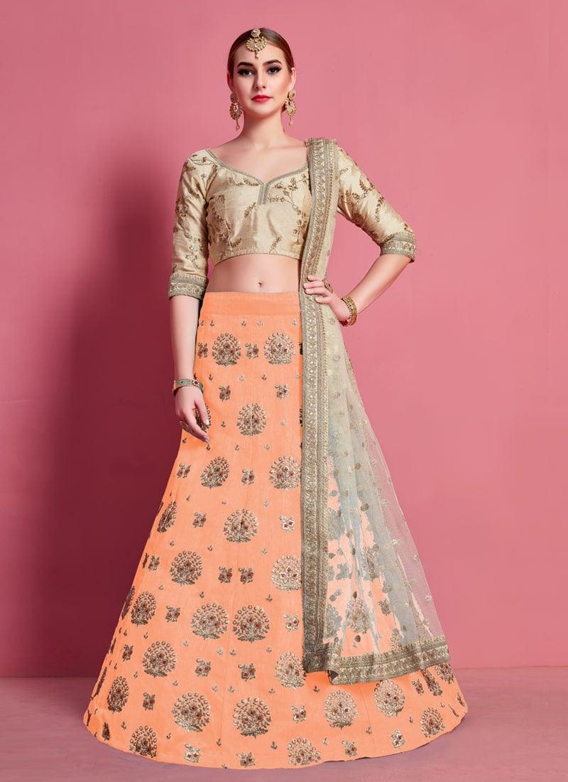 Orange Color Art Silk Fabric Lehenga With Sequins Work Clearance High Quality