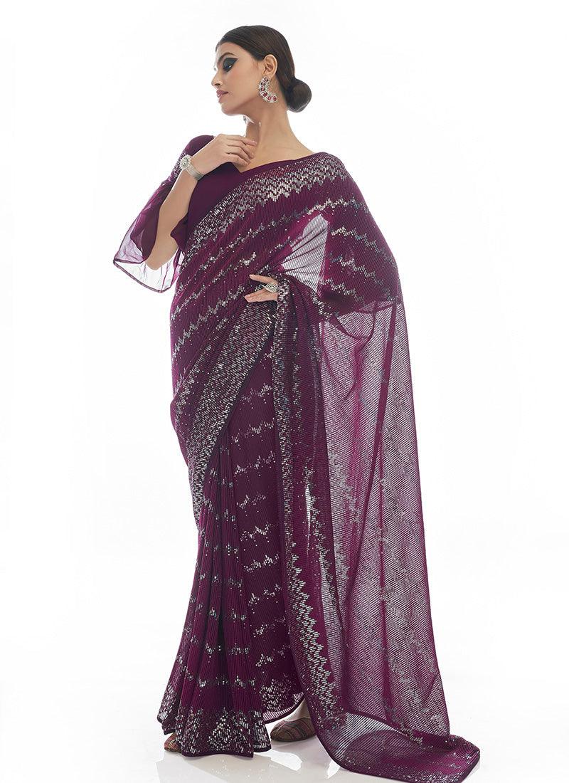 Wine Color Georgette Base Party Wear Saree Clearance Free Shipping