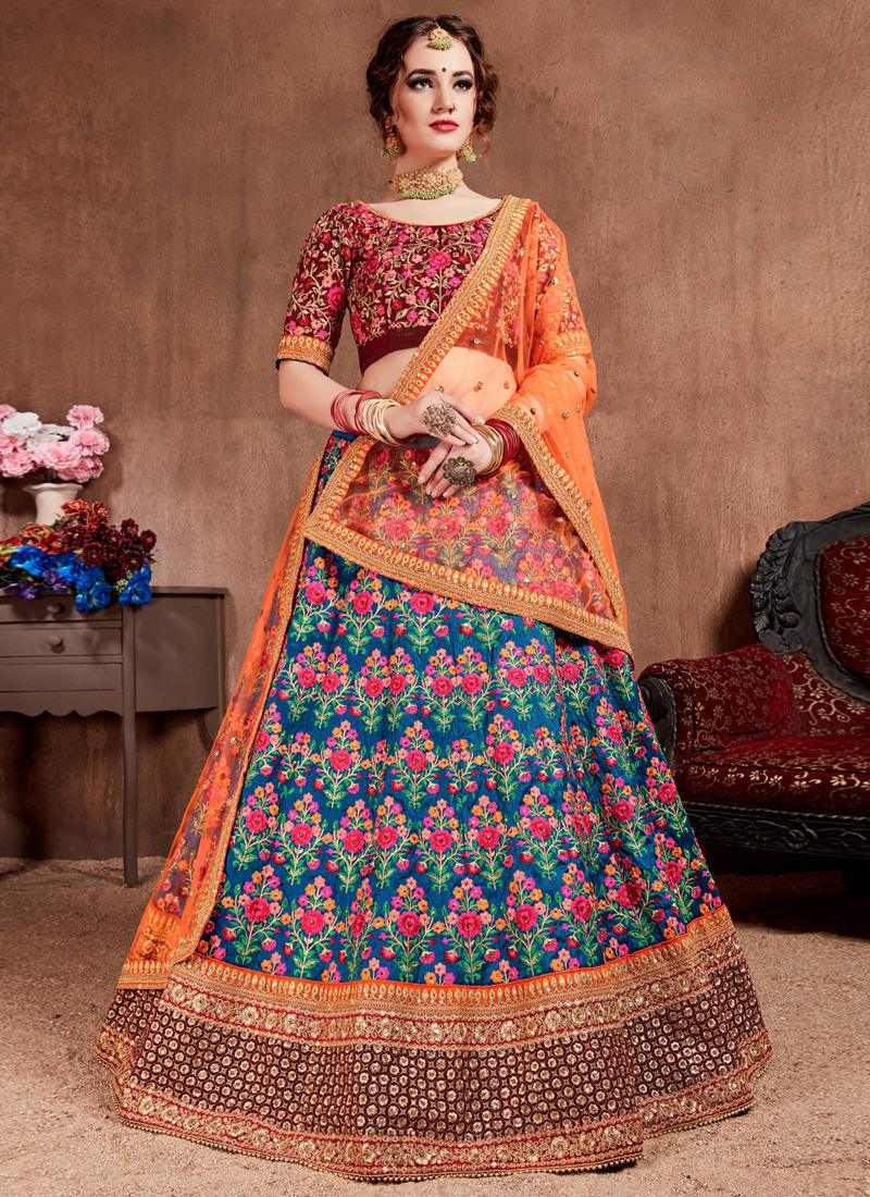 Majestic Blue Silk Base Embroidered Flared Trendy Lehenga Choli Perfect