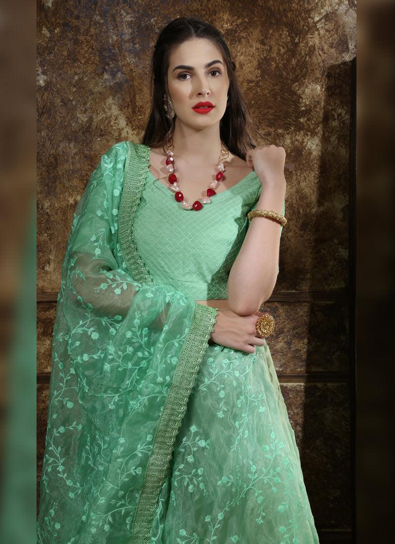 Green Resham Zari And Organza Silk Lehenga Choli Sale Sast