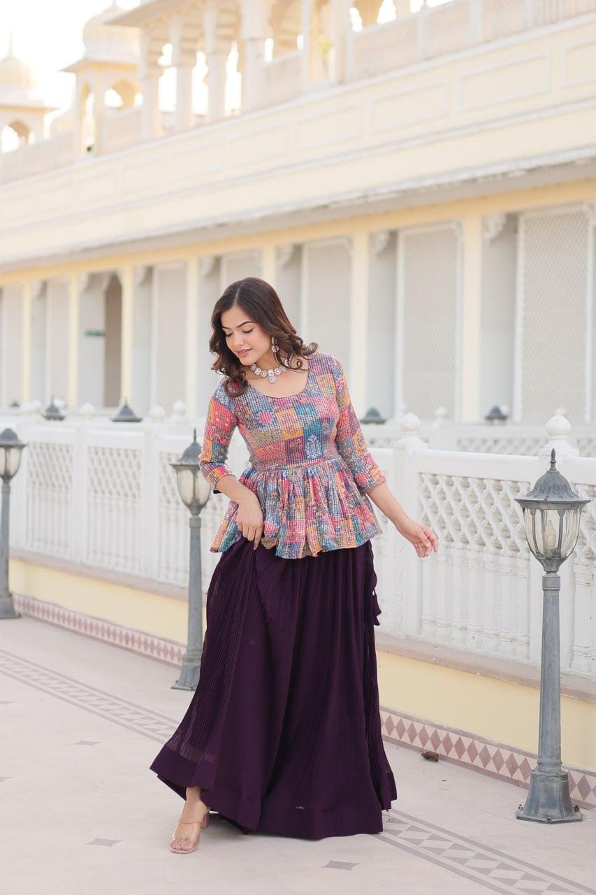 Multi-color Georgette Sequined blouse and plain Co-ord  Set Cheap Fashion Style