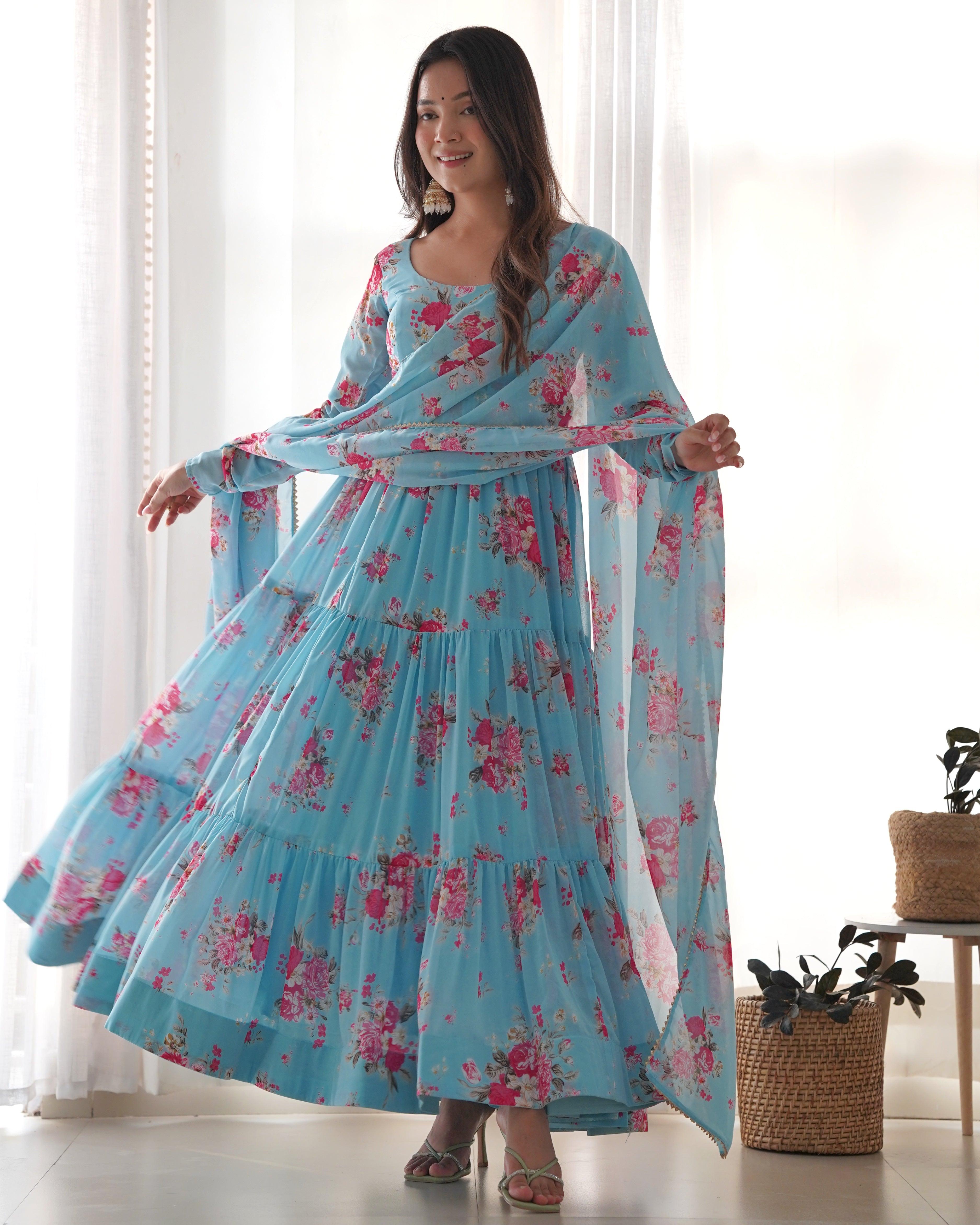 Sky Blue Pure Faux Georgette Floral Printed Ruffle Anarkali Pant Suit Cheap Sale New Arrival