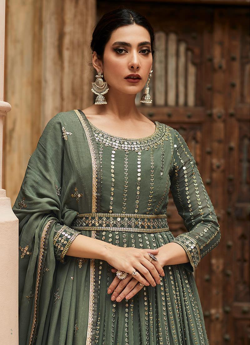 Green Georgette Heavy Sequins Gown Sale Best Pices