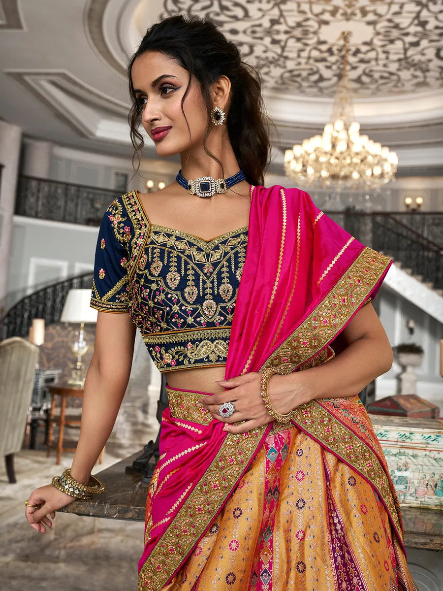 Glowing Golden Banarasi Silk Bridal Lehenga Choli Set Sale Cost