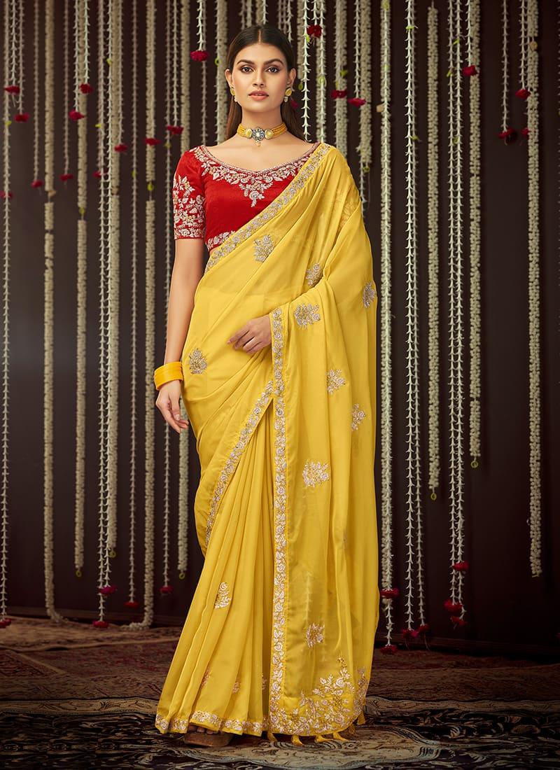 Organza Fabric Mustard Yellow Color Embroidered Saree With Contrast Blouse For Sale Sale Online