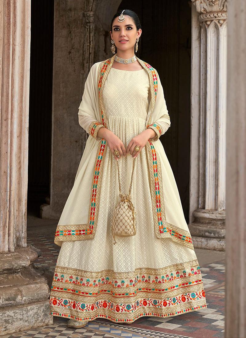 Sequins Work Cream Gown With Laced Dupatta Buy