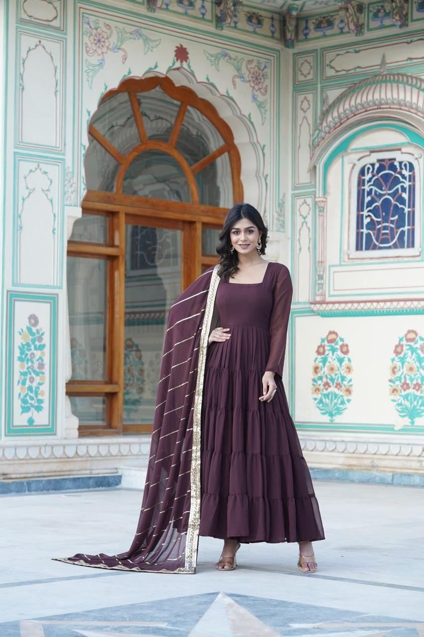 Brown Georgette Embroidered Gown with dupatta Free Shipping Eastbay