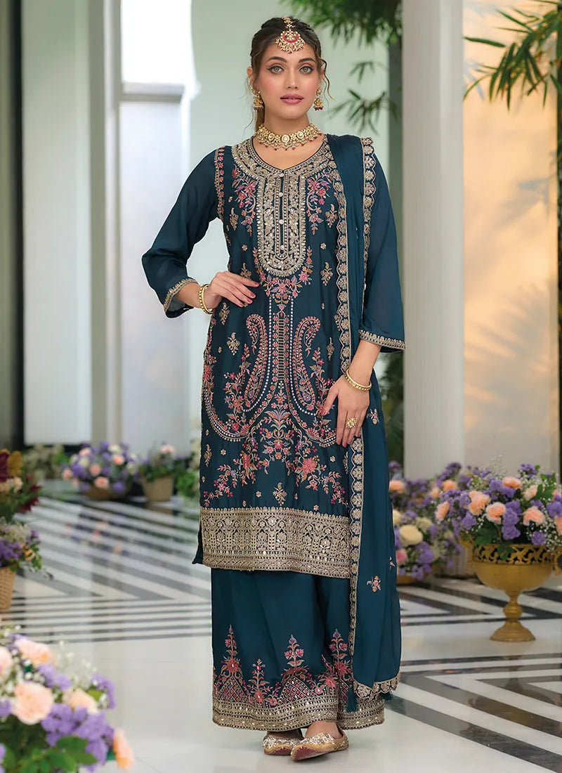 Gorgeous Turquoise Multi Embroidered Traditional Palazzo Suit Discount Latest