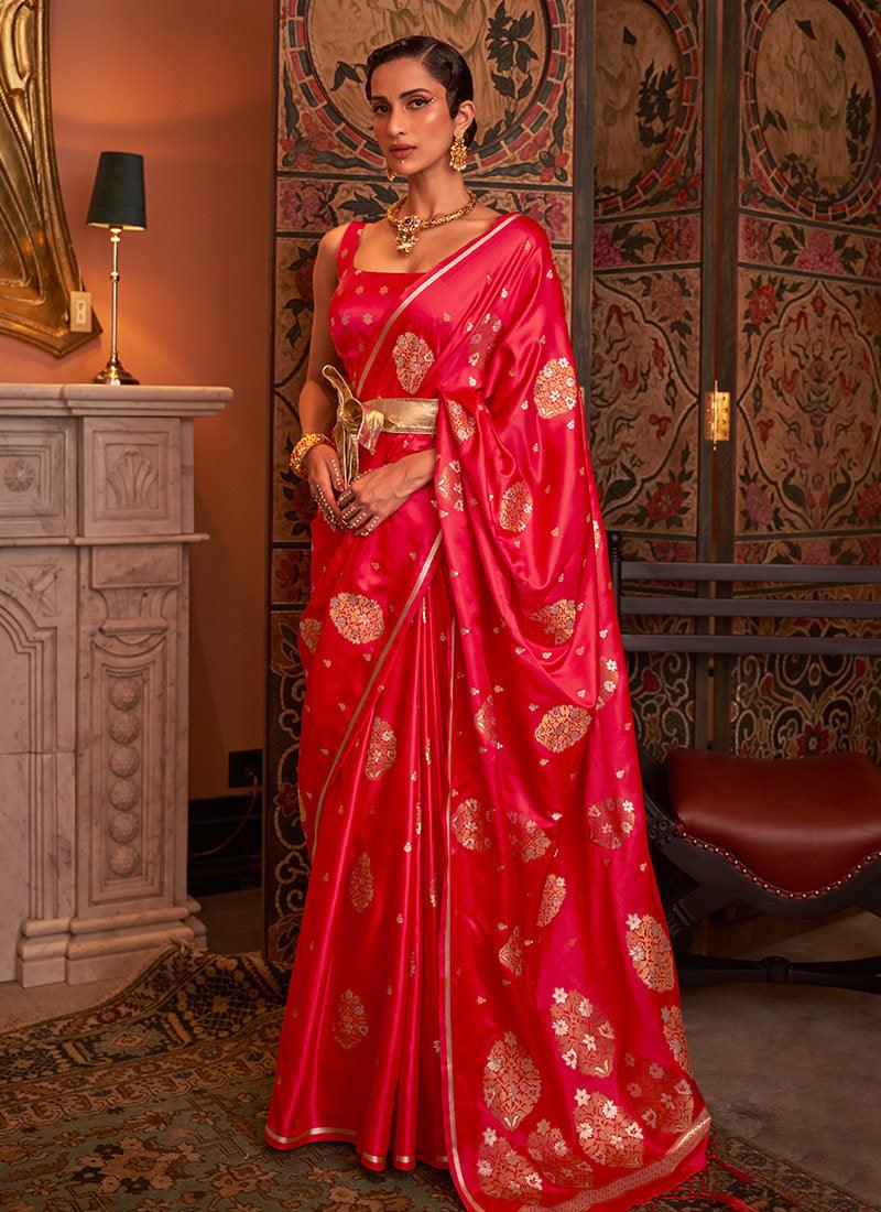 Sleeveless Silk Weave Red Saree Clearance From China