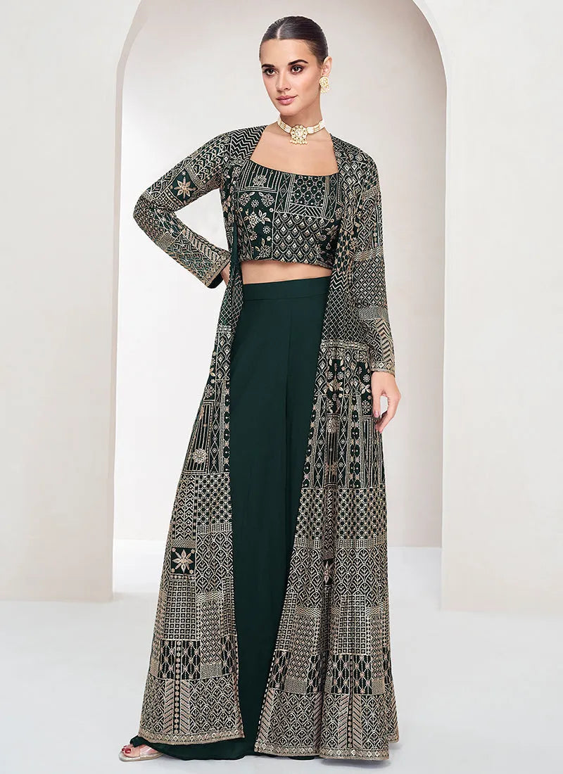 Fantastic Dark Green Embroidered Jacket Style Palazzo Suit Discount Cheapest