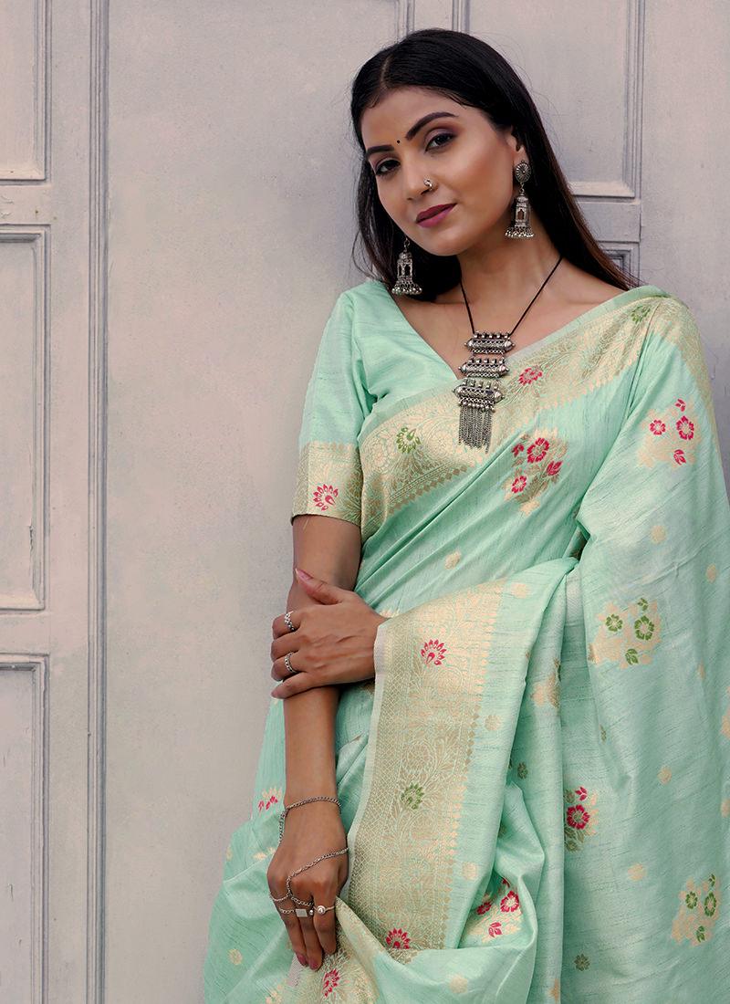 Classic Wear Half Sleeves Pista Green Saree Many Kinds Of Cheap Online