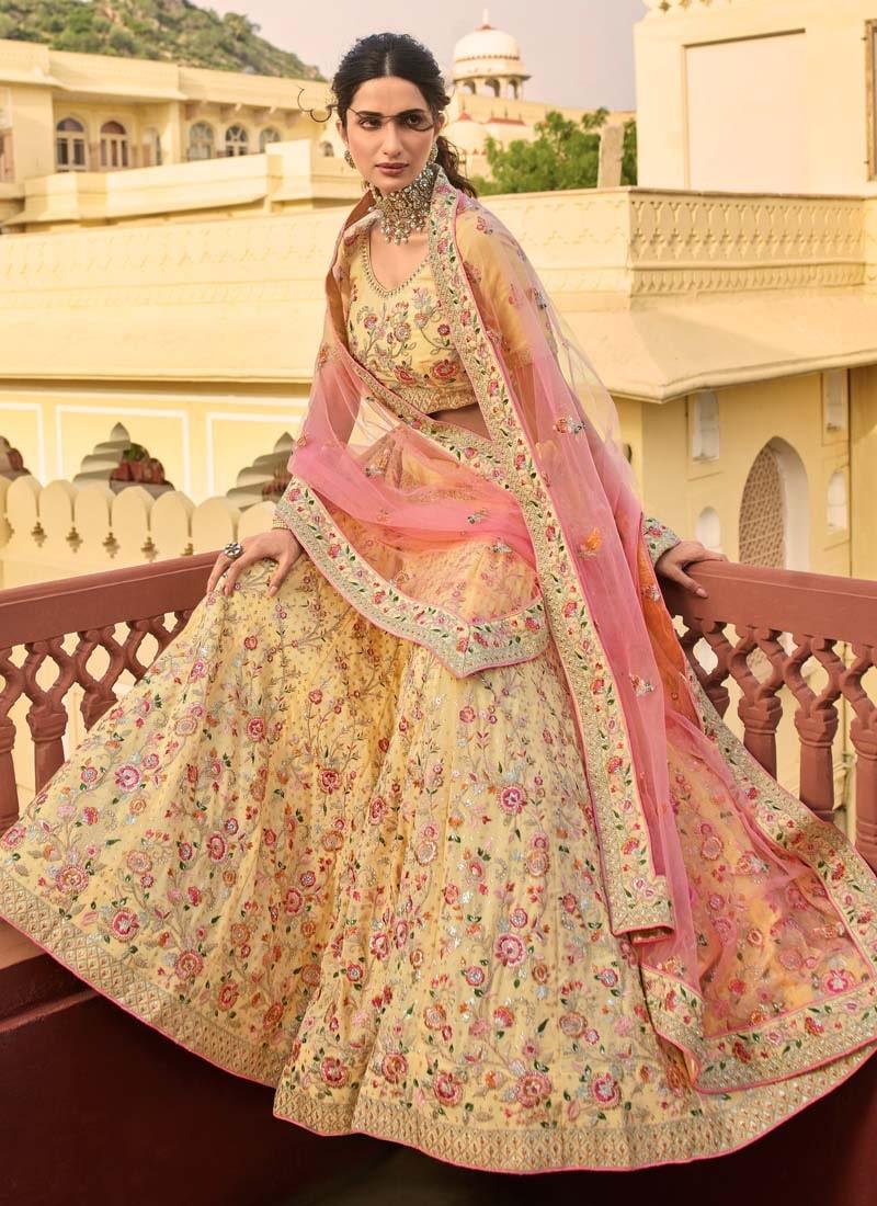 Zari And Stone Work Organza Fabric Yellow Color Lehenga With Net Dupatta Sale Original