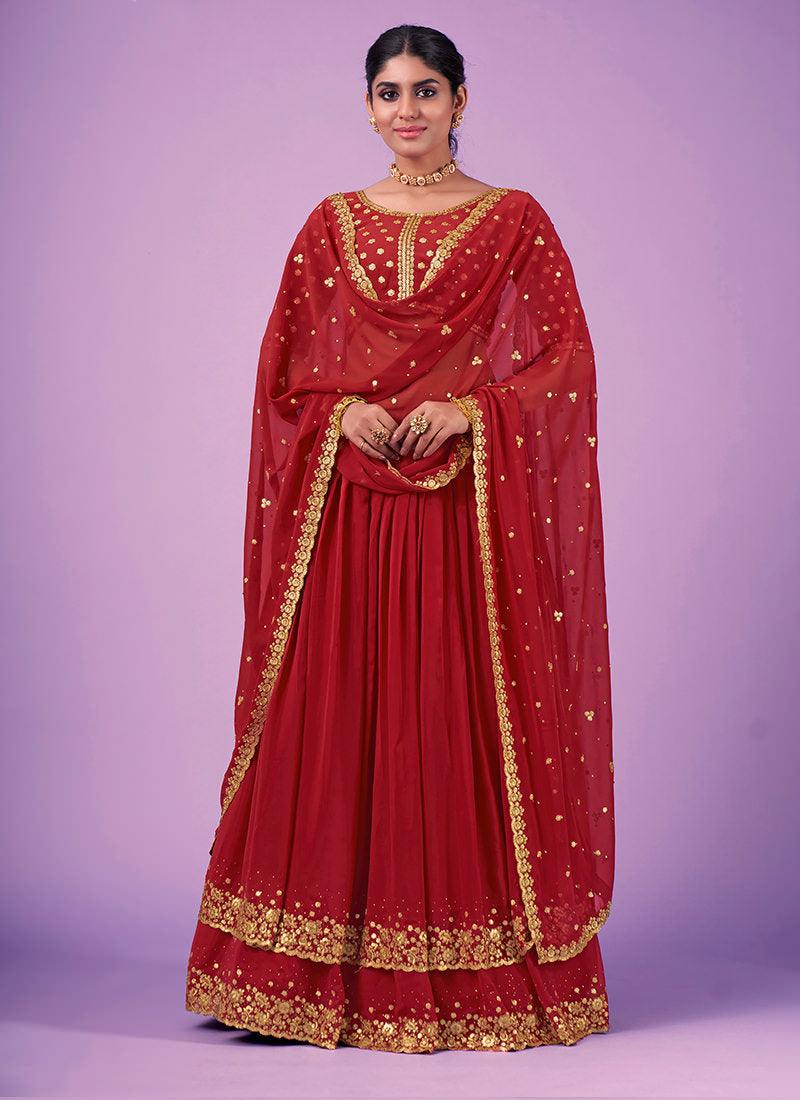 Zari With Sequins Red Georgette Chaniya Free Shipping For Sale