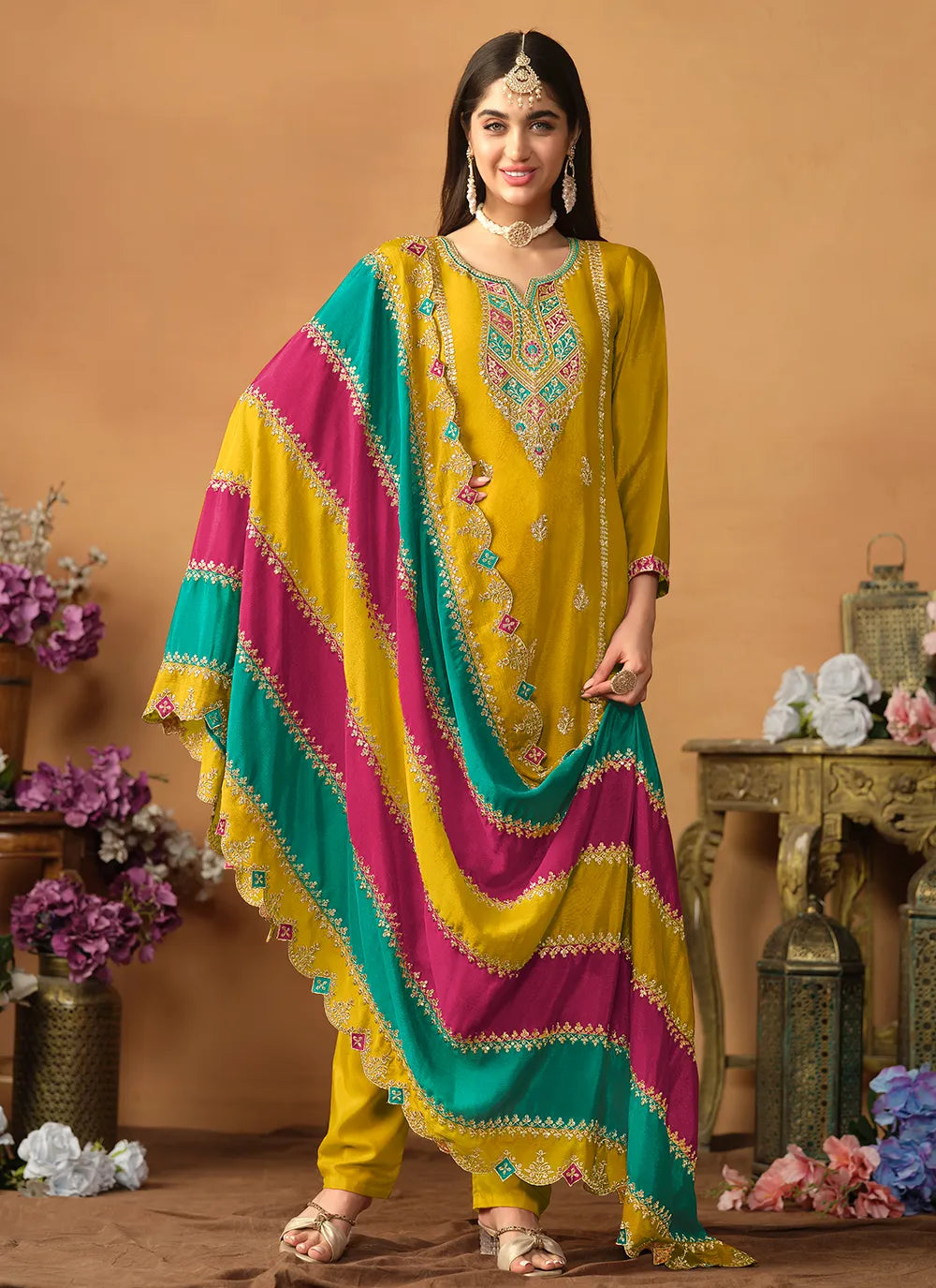 Chinon Silk Straight Suit in Vibrant Yellow with Detailed Embroidery Outlet Online